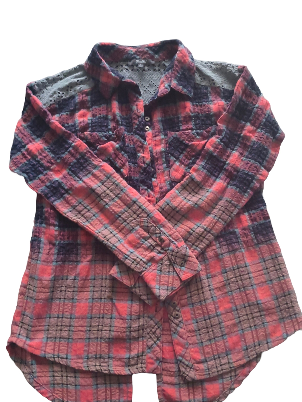 Miss Me Red, Navy and Pink Plaid Button-Down Shirt